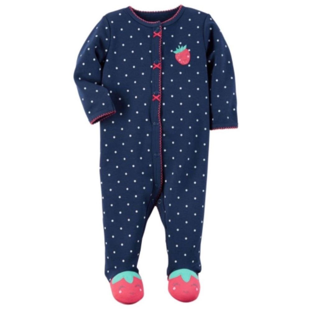 🍊5/$25 Carter's Navy and White Polka Dot Footie with Strawberry Accents size 6m